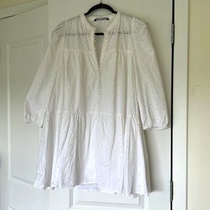 Zara mini white cotton poplin broderie dress, size M